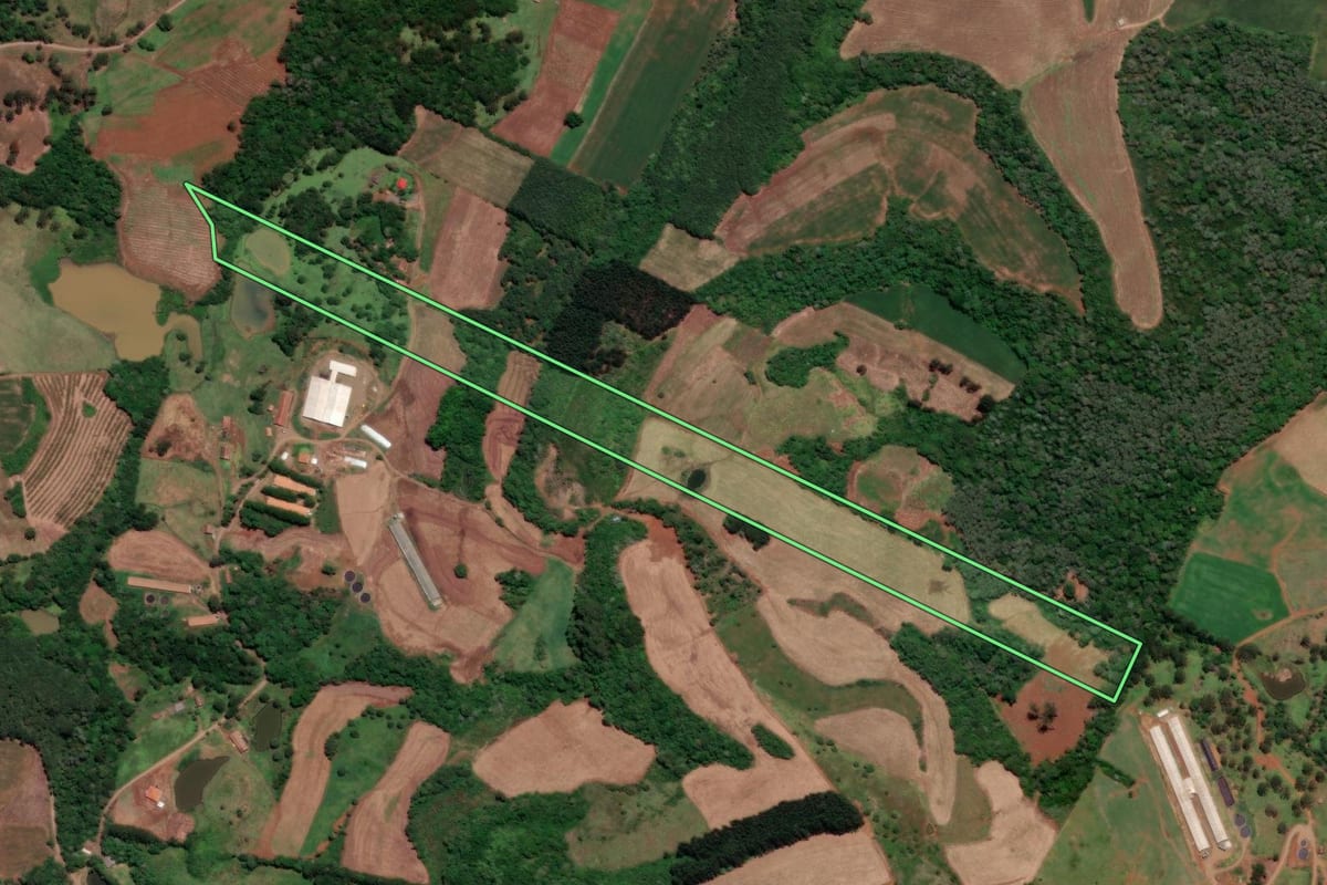 Imagem de satélite do imóvel rural em Videira (SC), com o contorno declarado no CAR desenhado por cima.