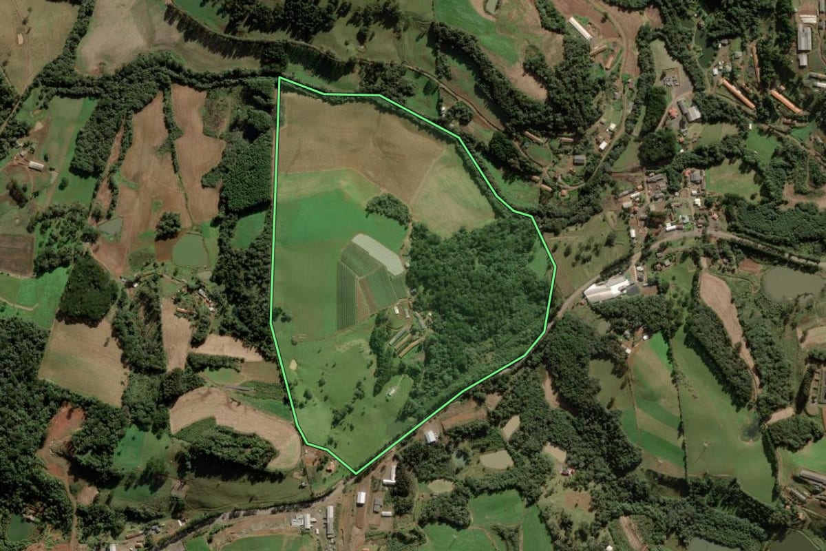 Imagem de satélite do imóvel rural em Videira (SC), com o contorno declarado no CAR desenhado por cima.