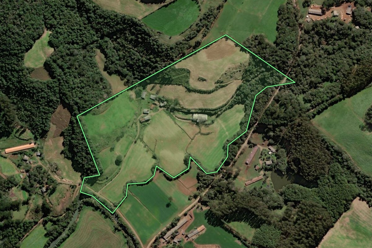 Imagem de satélite do imóvel rural em Videira (SC), com o contorno declarado no CAR desenhado por cima.