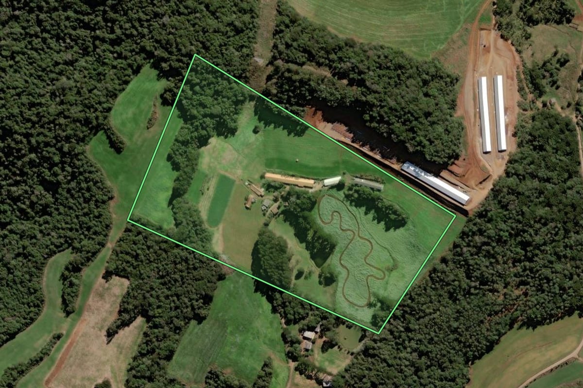 Imagem de satélite do imóvel rural em Videira (SC), com o contorno declarado no CAR desenhado por cima.