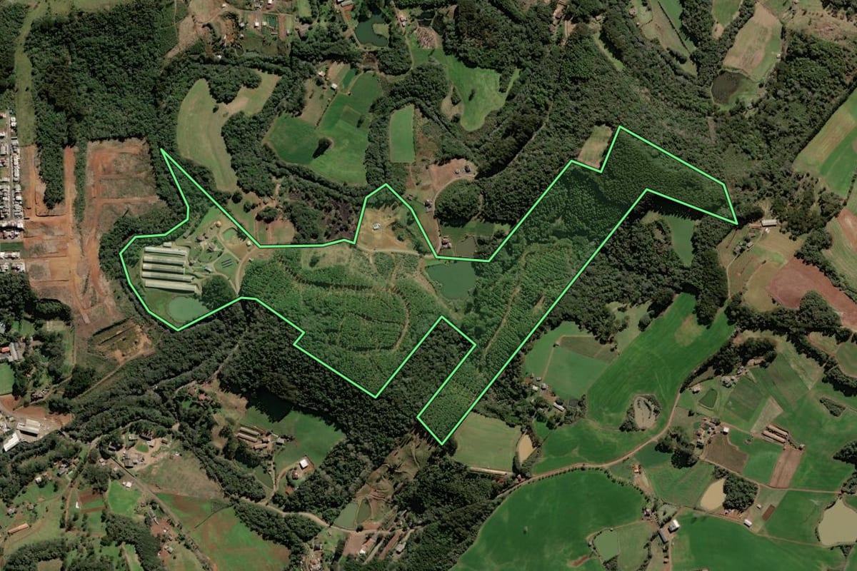 Imagem de satélite do imóvel rural em Videira (SC), com o contorno declarado no CAR desenhado por cima.
