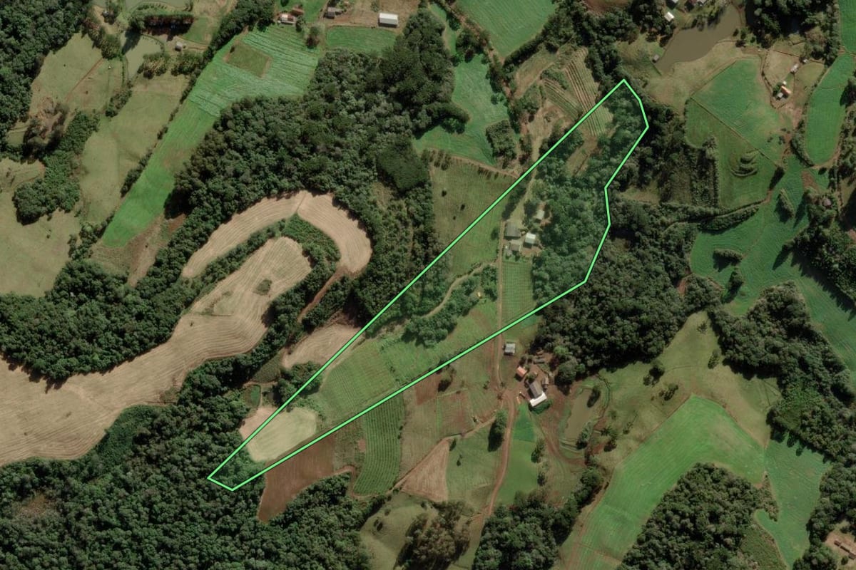 Imagem de satélite do imóvel rural em Videira (SC), com o contorno declarado no CAR desenhado por cima.