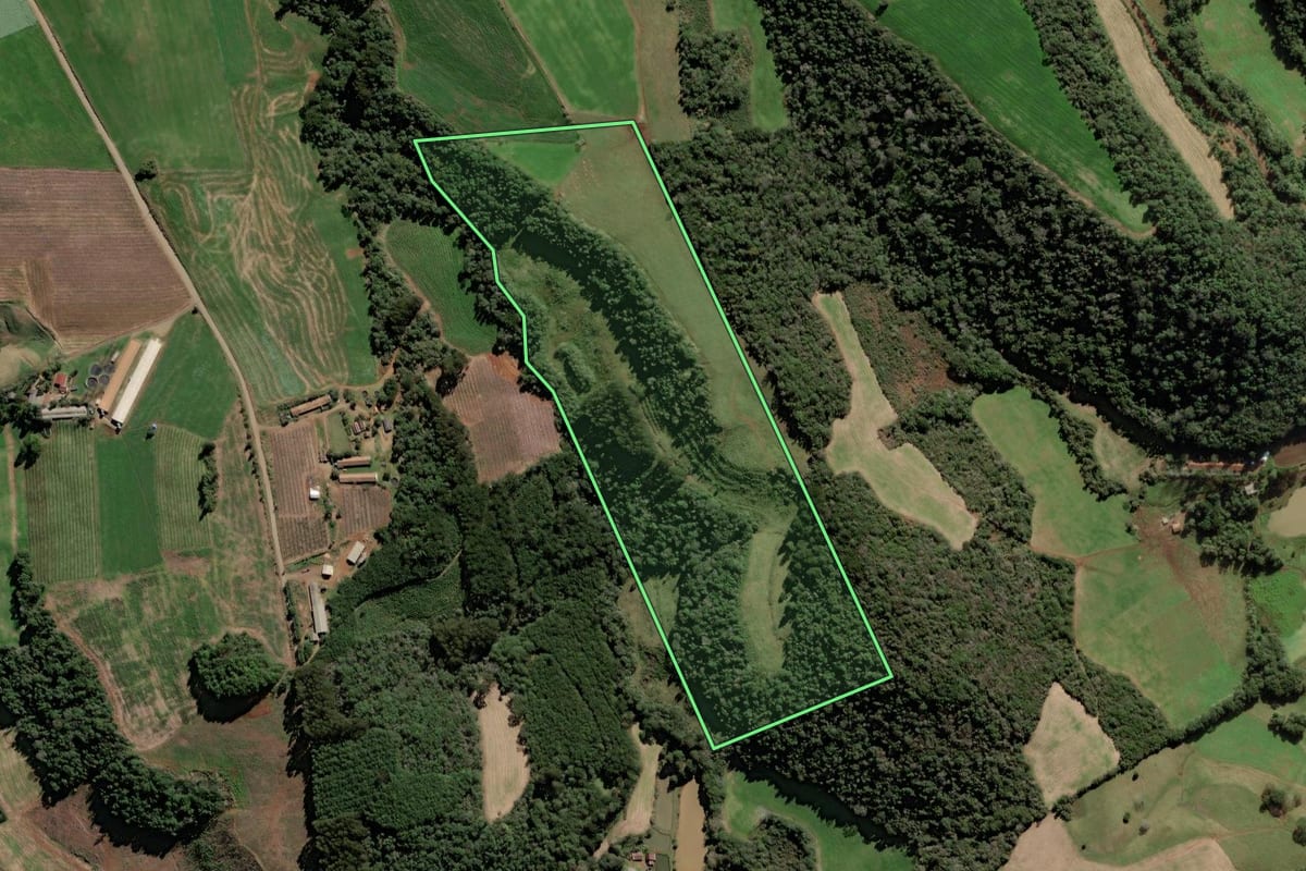 Imagem de satélite do imóvel rural em Videira (SC), com o contorno declarado no CAR desenhado por cima.