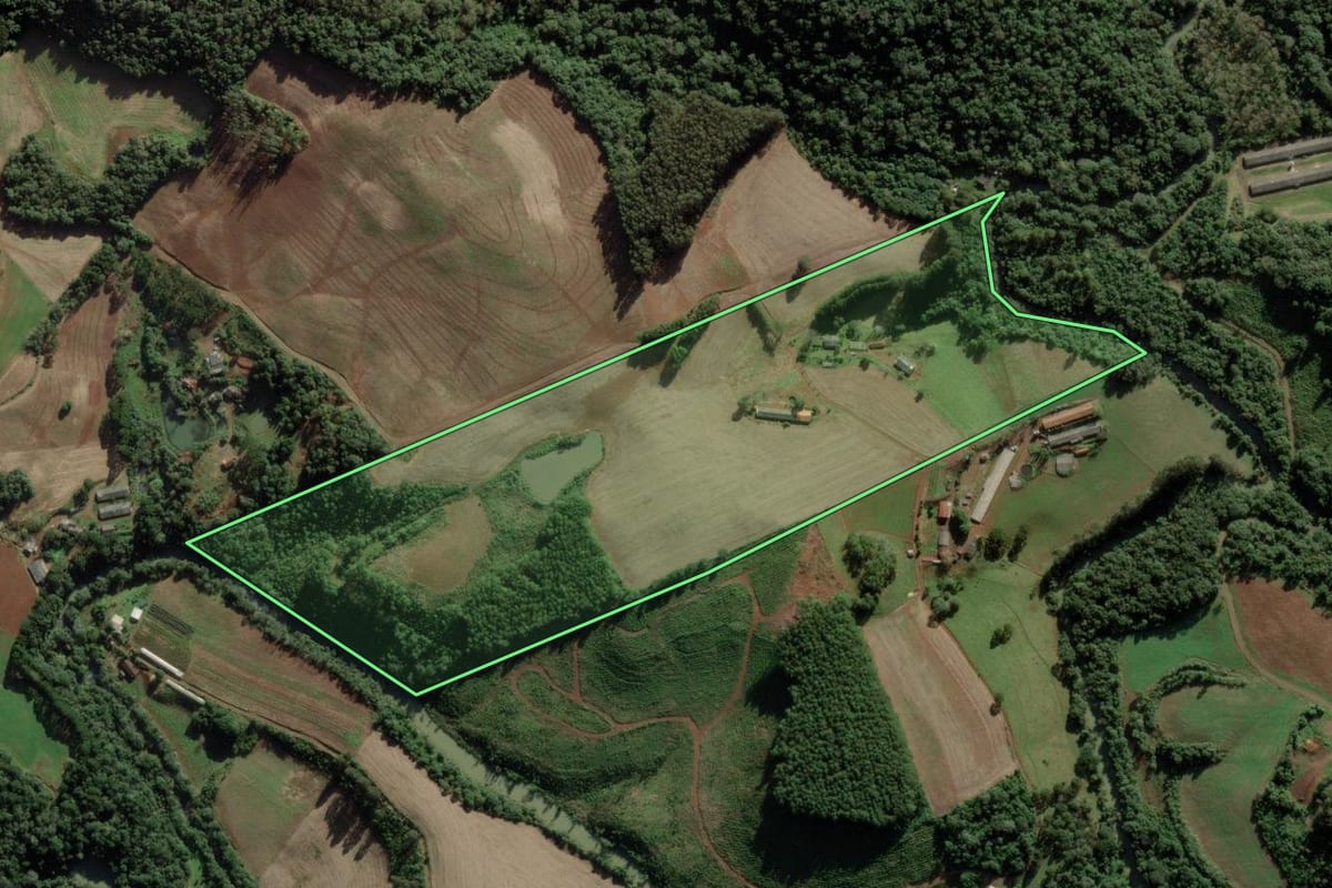 Imagem de satélite do imóvel rural em Videira (SC), com o contorno declarado no CAR desenhado por cima.