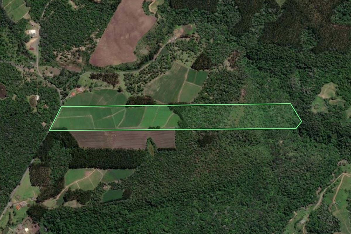 Imagem de satélite do imóvel rural em Vitor Meireles (SC), com o contorno declarado no CAR desenhado por cima.