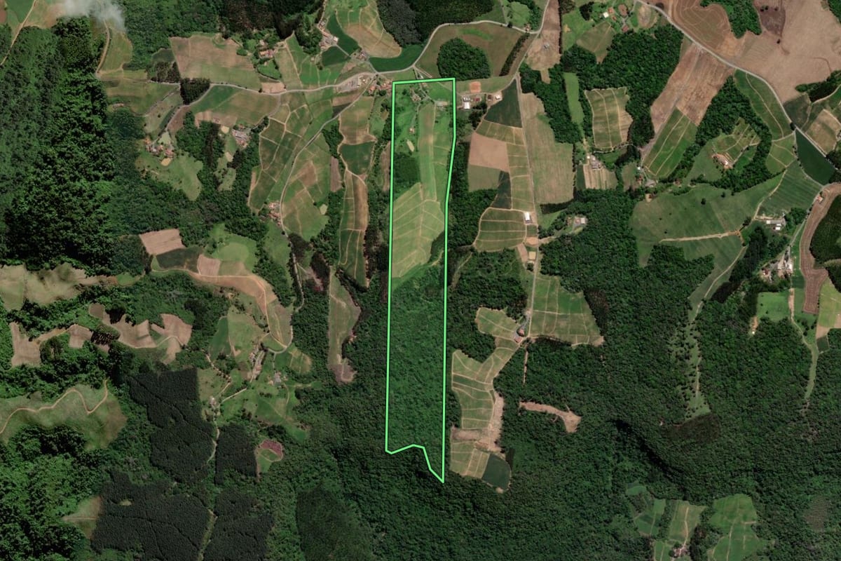 Imagem de satélite do imóvel rural em Vitor Meireles (SC), com o contorno declarado no CAR desenhado por cima.
