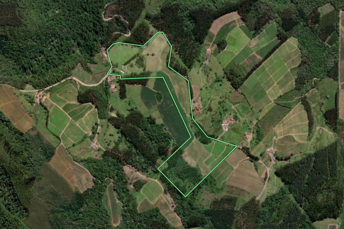 Imagem de satélite do imóvel rural em Vitor Meireles (SC), com o contorno declarado no CAR desenhado por cima.