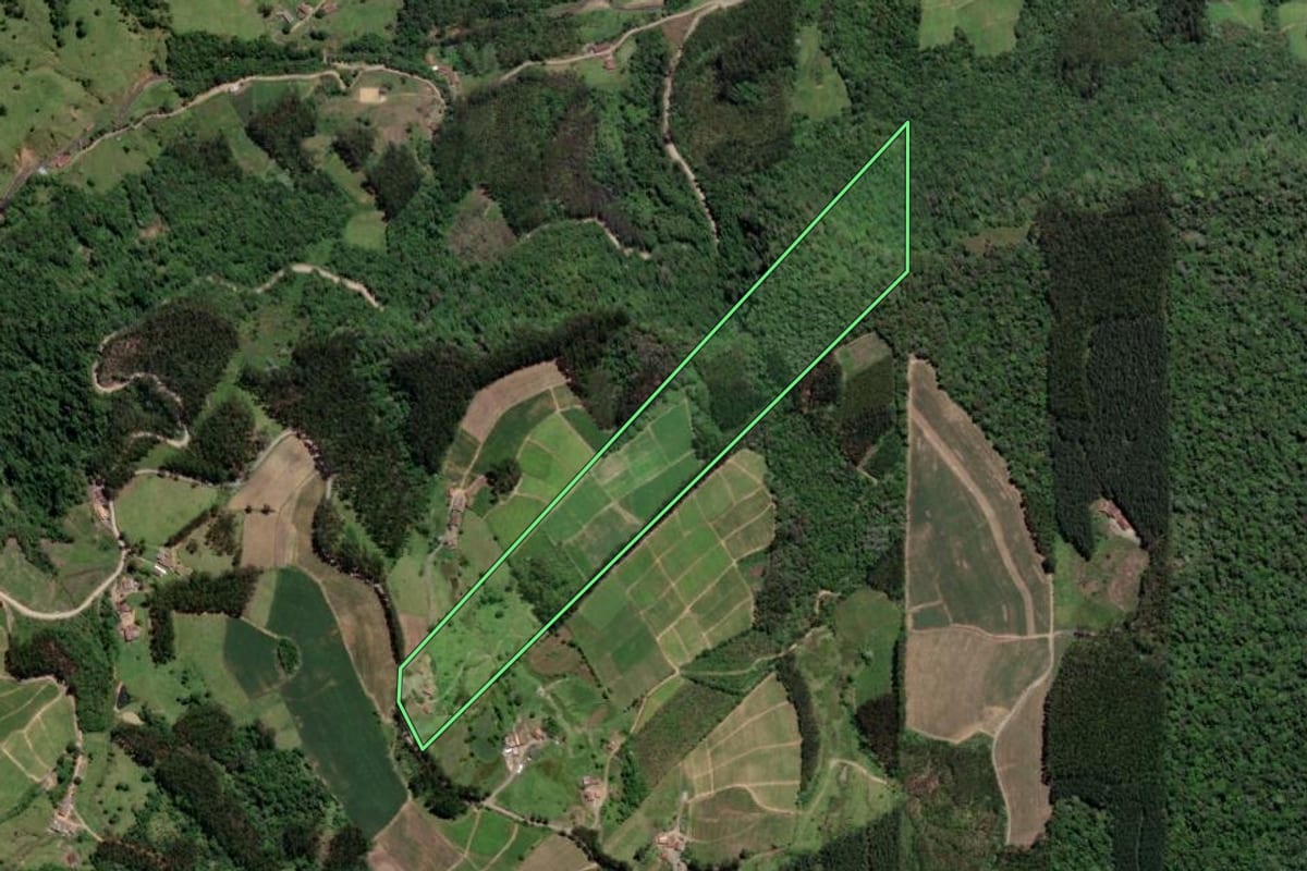 Imagem de satélite do imóvel rural em Vitor Meireles (SC), com o contorno declarado no CAR desenhado por cima.