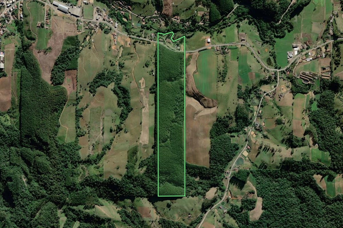 Imagem de satélite do imóvel rural em Witmarsum (SC), com o contorno declarado no CAR desenhado por cima.