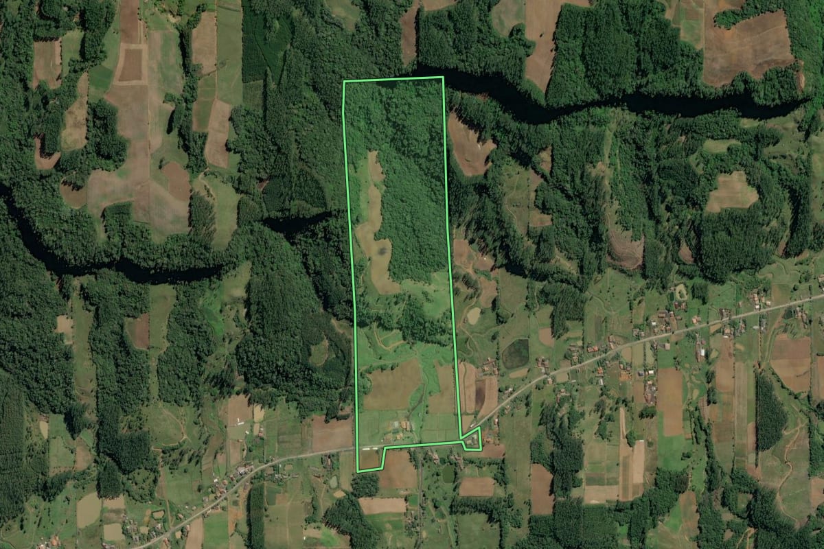 Imagem de satélite do imóvel rural em Witmarsum (SC), com o contorno declarado no CAR desenhado por cima.