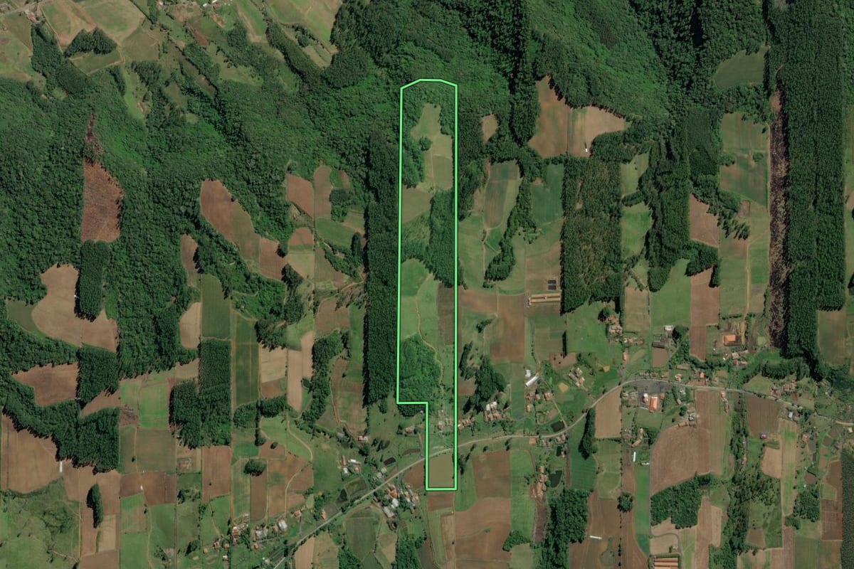 Imagem de satélite do imóvel rural em Witmarsum (SC), com o contorno declarado no CAR desenhado por cima.