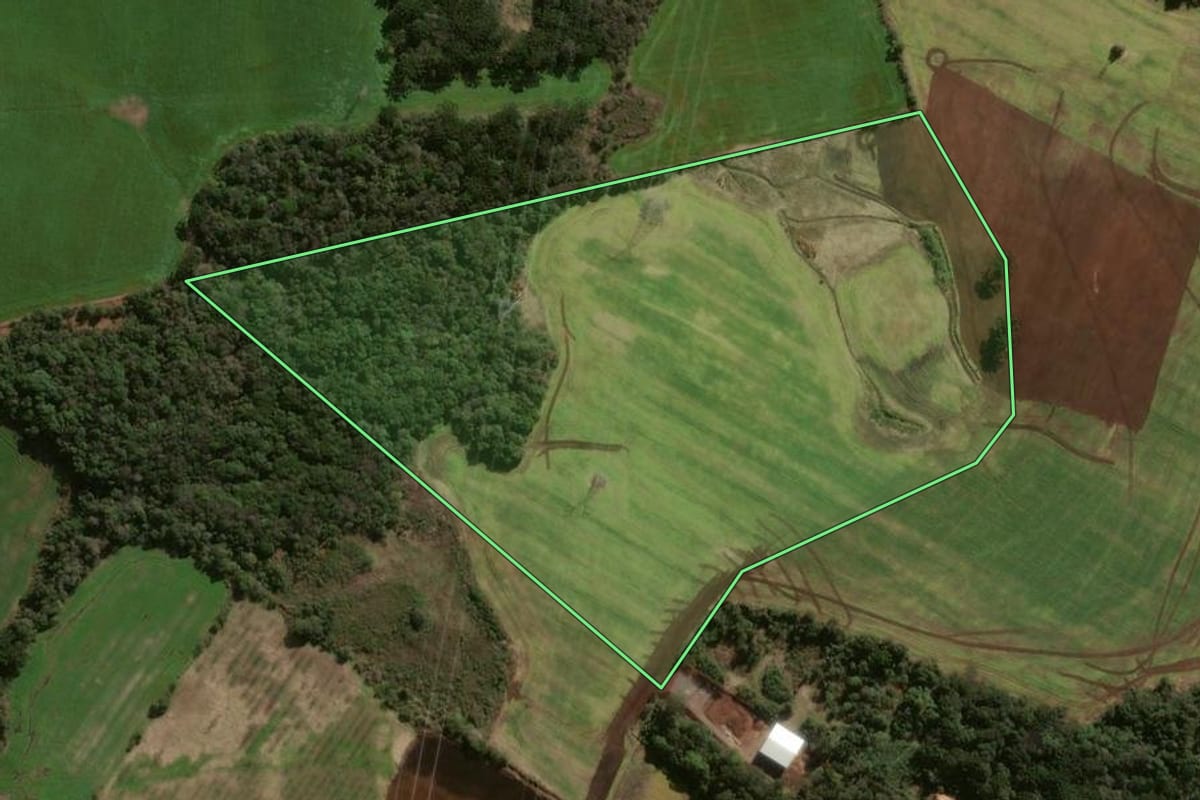 Imagem de satélite do imóvel rural em Xanxerê (SC), com o contorno declarado no CAR desenhado por cima.