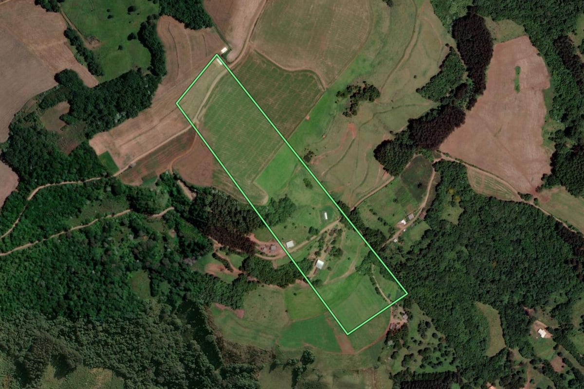 Imagem de satélite do imóvel rural em Xanxerê (SC), com o contorno declarado no CAR desenhado por cima.