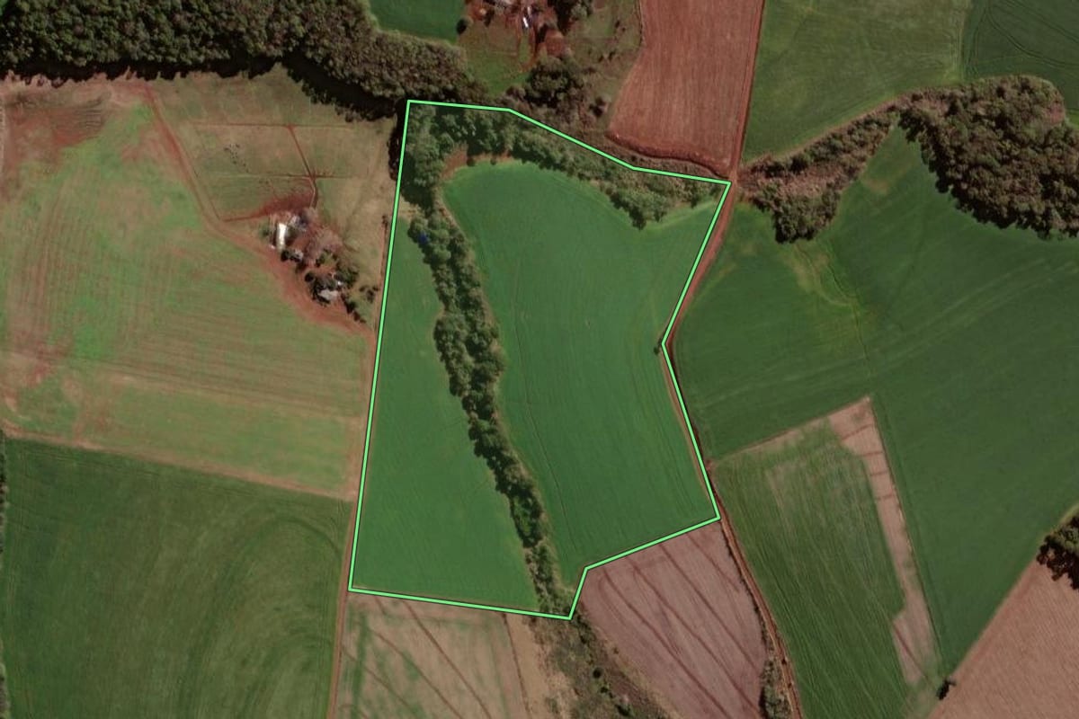 Imagem de satélite do imóvel rural em Xanxerê (SC), com o contorno declarado no CAR desenhado por cima.