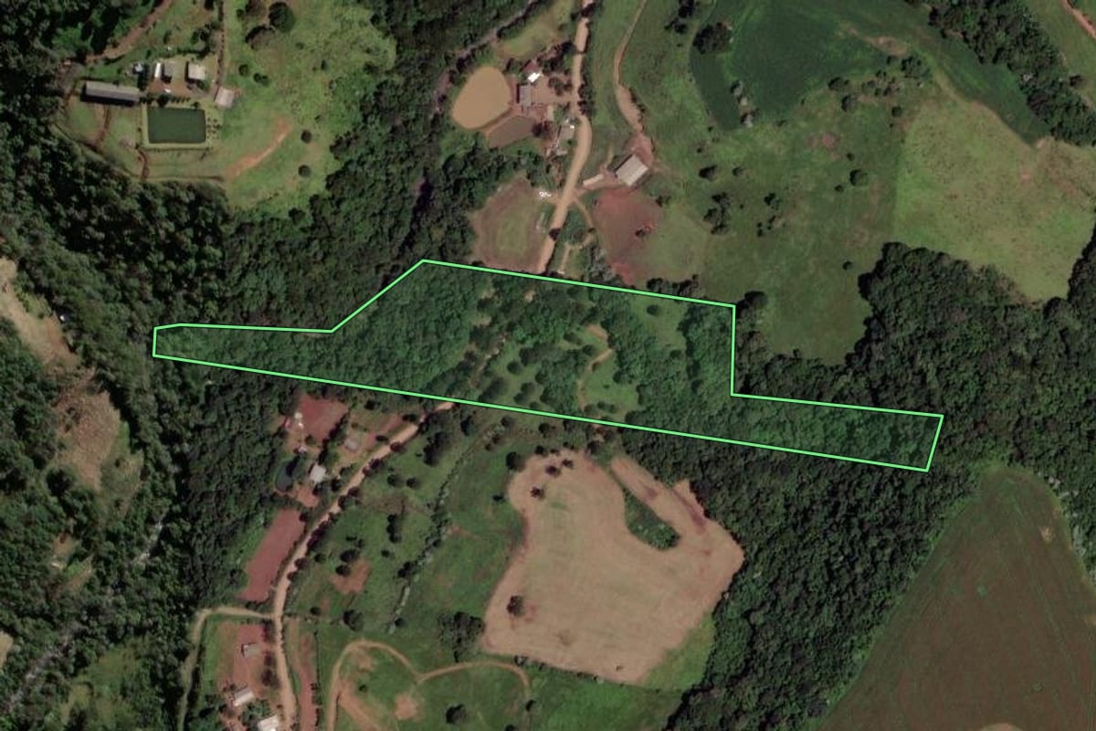 Imagem de satélite do imóvel rural em Xanxerê (SC), com o contorno declarado no CAR desenhado por cima.