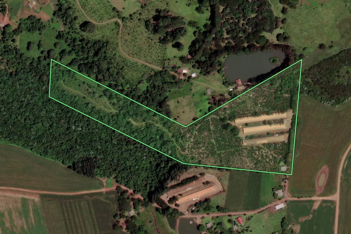 Imagem de satélite do imóvel rural em Xanxerê (SC), com o contorno declarado no CAR desenhado por cima.