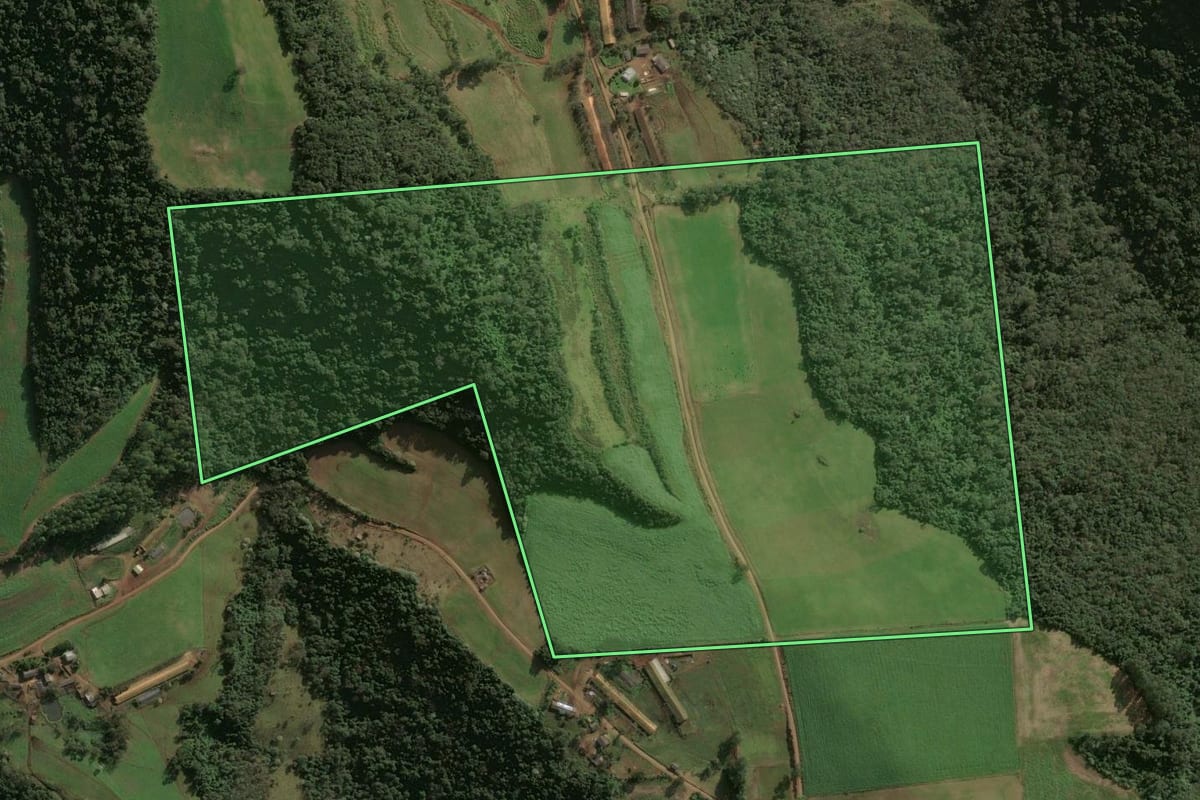 Imagem de satélite do imóvel rural em Xaxim (SC), com o contorno declarado no CAR desenhado por cima.