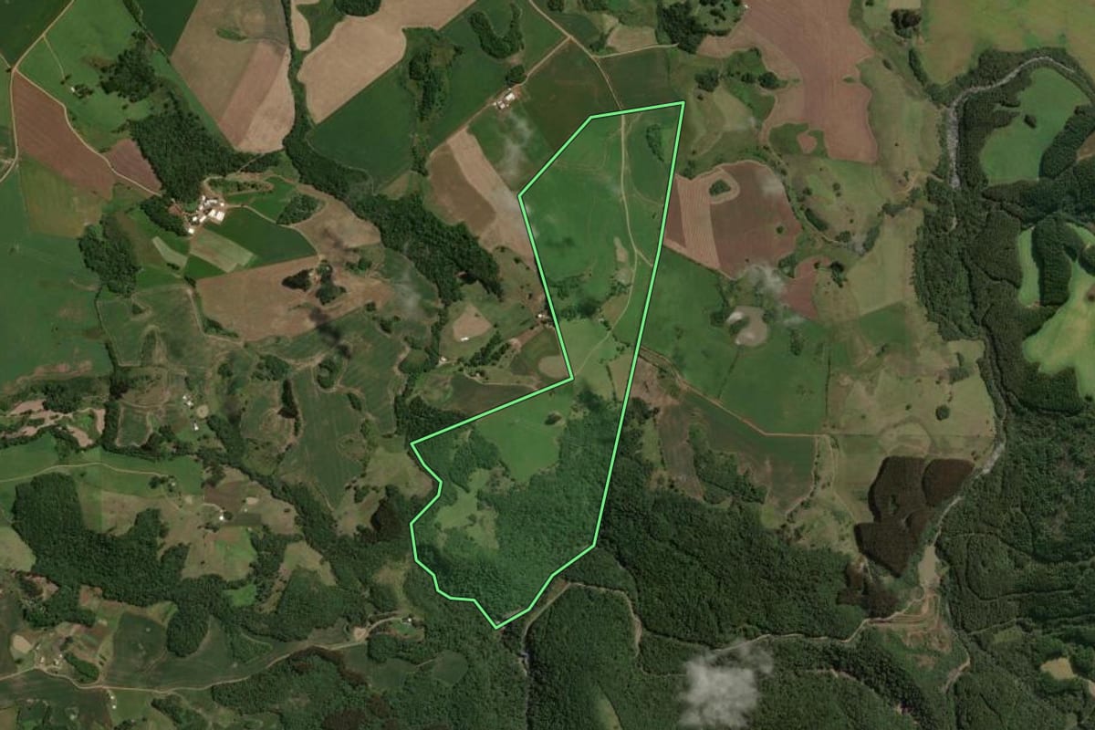 Imagem de satélite do imóvel rural em Zortéa (SC), com o contorno declarado no CAR desenhado por cima.