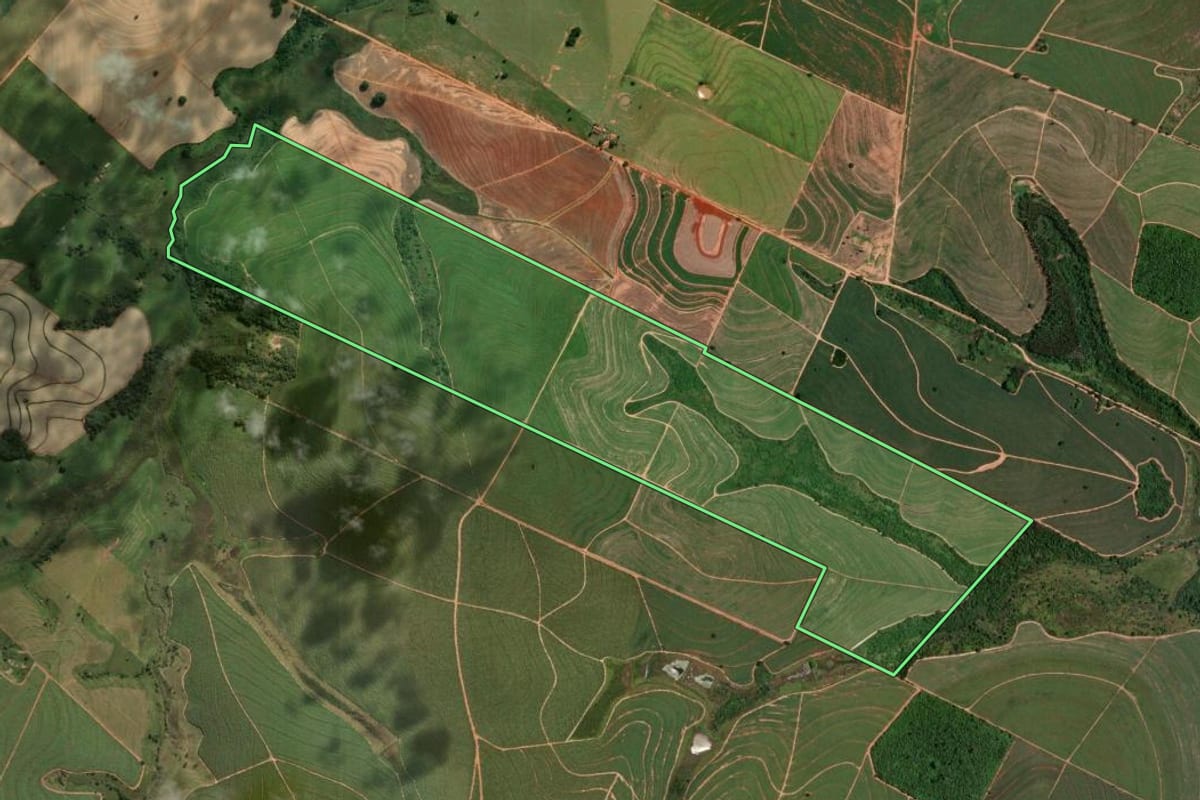 Imagem de satélite do imóvel rural em Adamantina (SP), com o contorno declarado no CAR desenhado por cima.