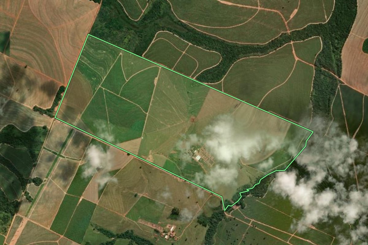 Imagem de satélite do imóvel rural em Adamantina (SP), com o contorno declarado no CAR desenhado por cima.