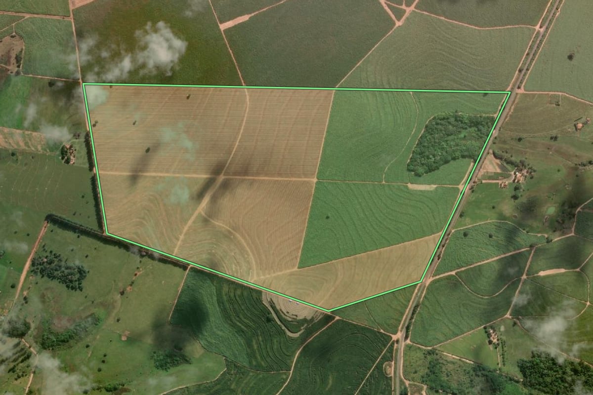 Imagem de satélite do imóvel rural em Adamantina (SP), com o contorno declarado no CAR desenhado por cima.