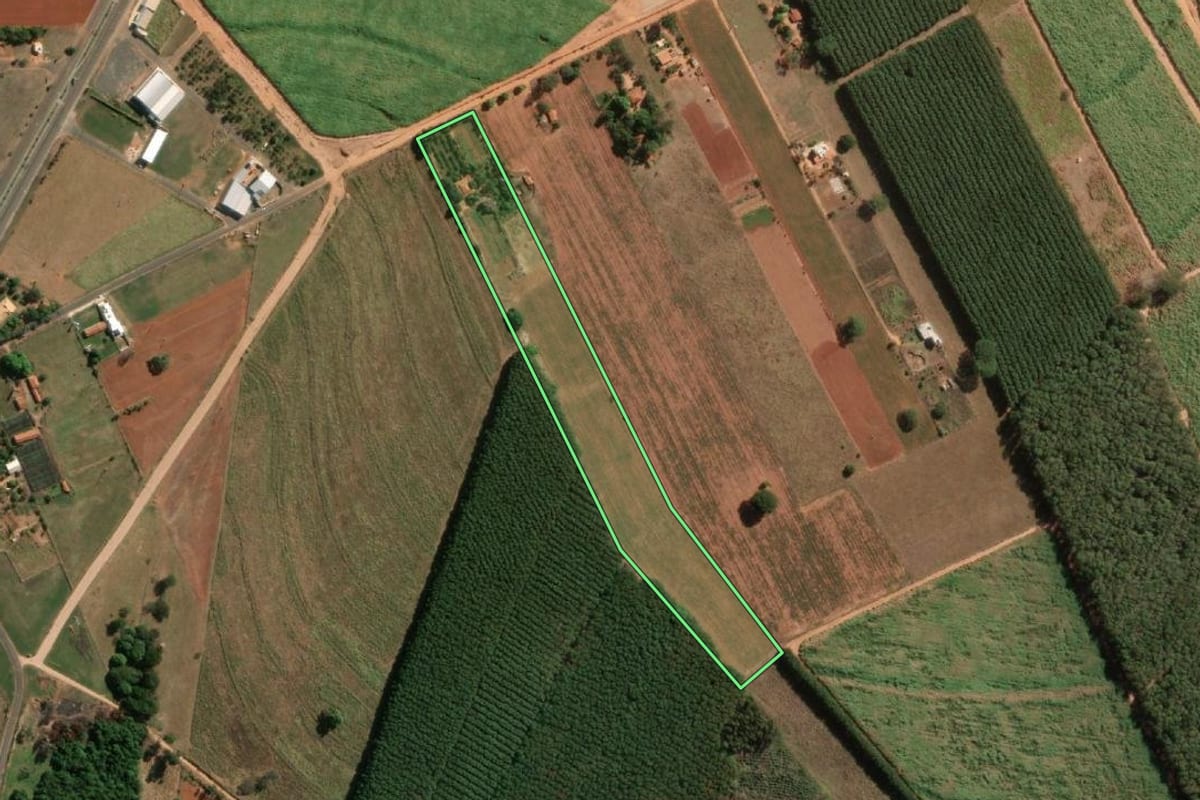 Imagem de satélite do imóvel rural em Adolfo (SP), com o contorno declarado no CAR desenhado por cima.
