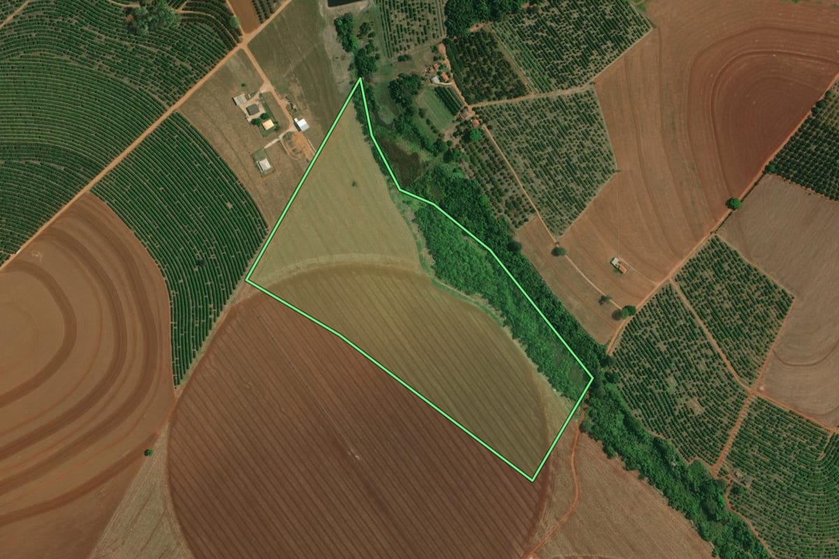 Imagem de satélite do imóvel rural em Aguaí (SP), com o contorno declarado no CAR desenhado por cima.