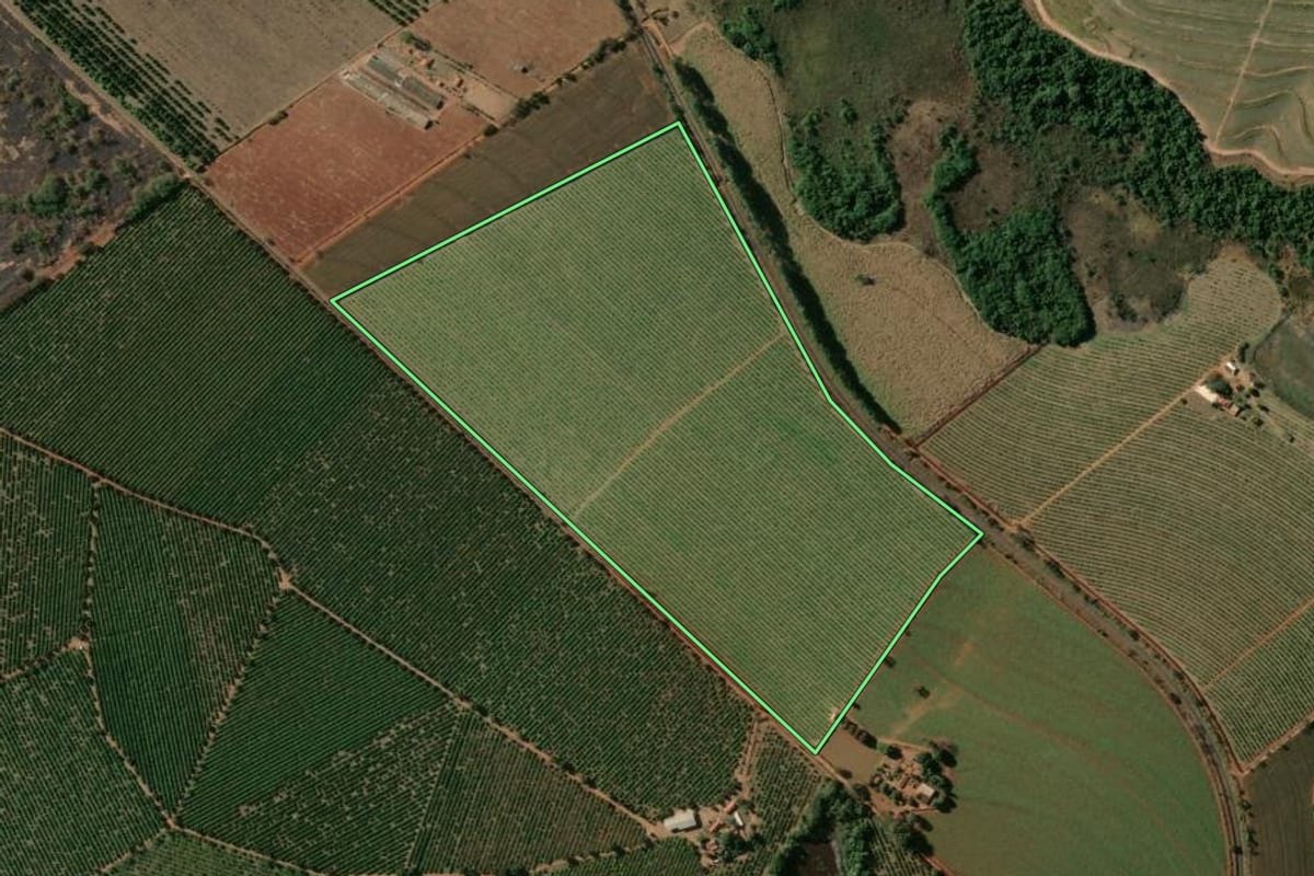 Imagem de satélite do imóvel rural em Aguaí (SP), com o contorno declarado no CAR desenhado por cima.