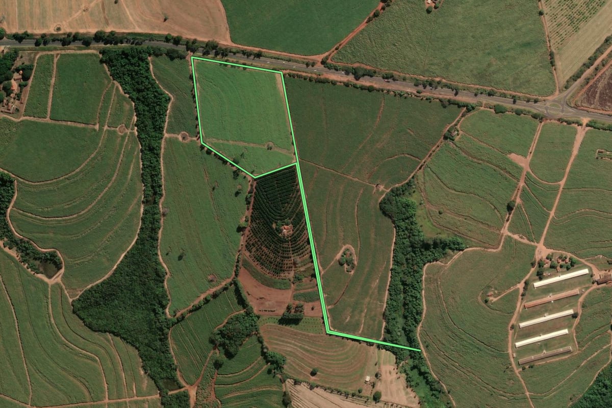 Imagem de satélite do imóvel rural em Aguaí (SP), com o contorno declarado no CAR desenhado por cima.