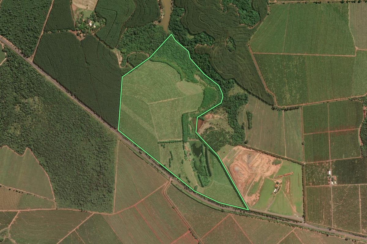 Imagem de satélite do imóvel rural em Aguaí (SP), com o contorno declarado no CAR desenhado por cima.