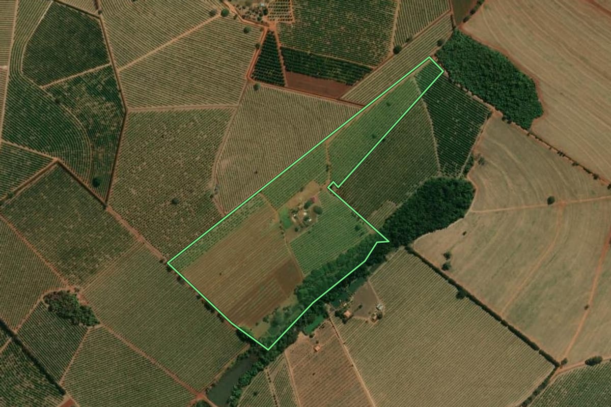 Imagem de satélite do imóvel rural em Aguaí (SP), com o contorno declarado no CAR desenhado por cima.