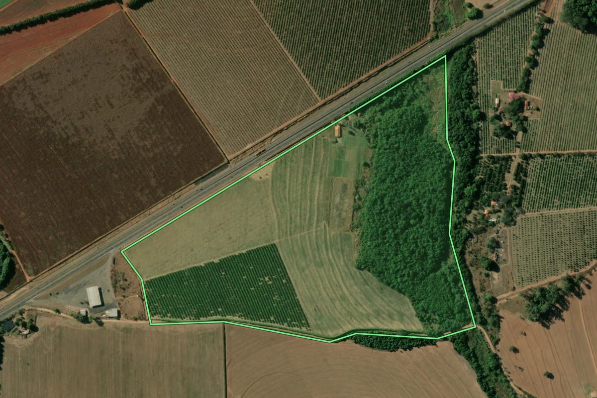 Imagem de satélite do imóvel rural em Aguaí (SP), com o contorno declarado no CAR desenhado por cima.