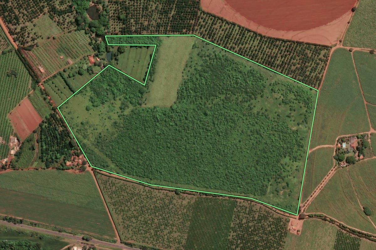 Imagem de satélite do imóvel rural em Aguaí (SP), com o contorno declarado no CAR desenhado por cima.