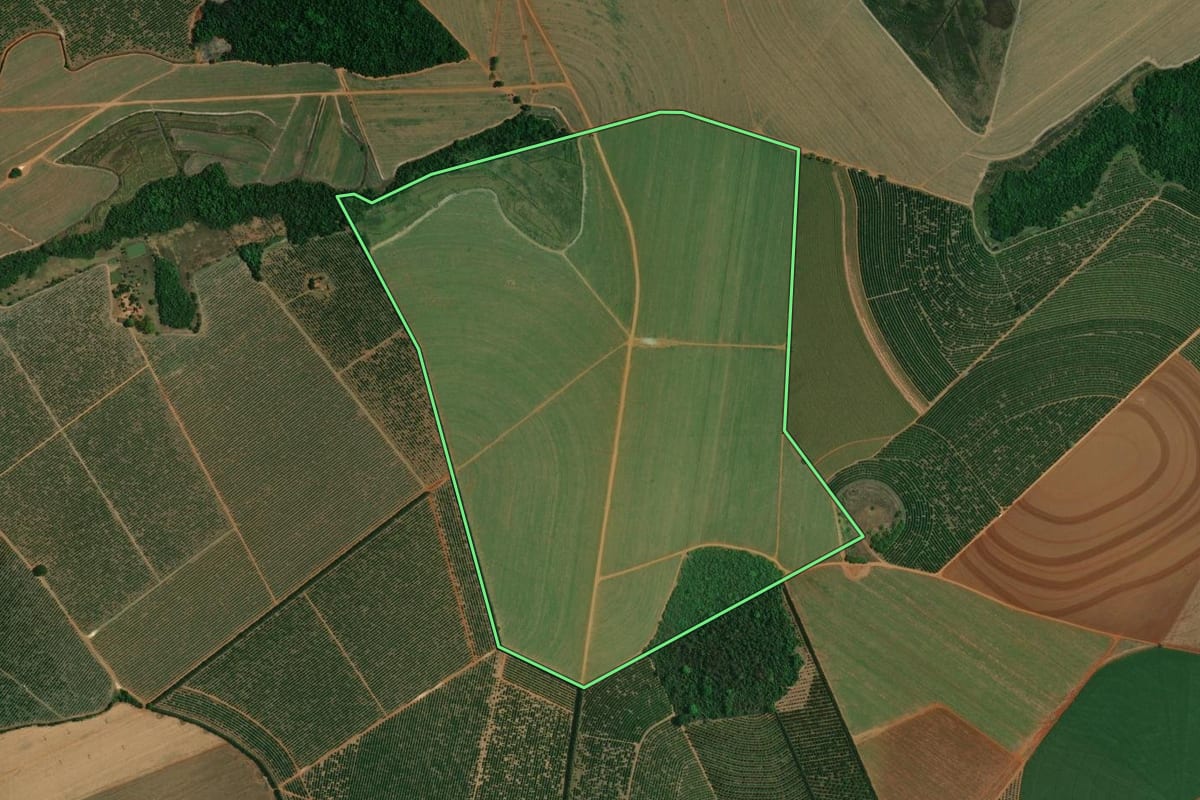 Imagem de satélite do imóvel rural em Aguaí (SP), com o contorno declarado no CAR desenhado por cima.
