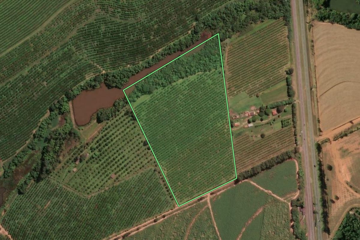 Imagem de satélite do imóvel rural em Aguaí (SP), com o contorno declarado no CAR desenhado por cima.