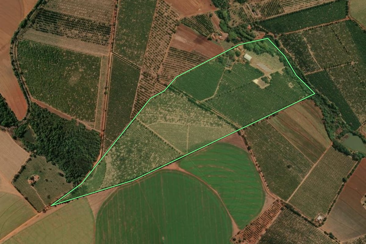 Imagem de satélite do imóvel rural em Aguaí (SP), com o contorno declarado no CAR desenhado por cima.