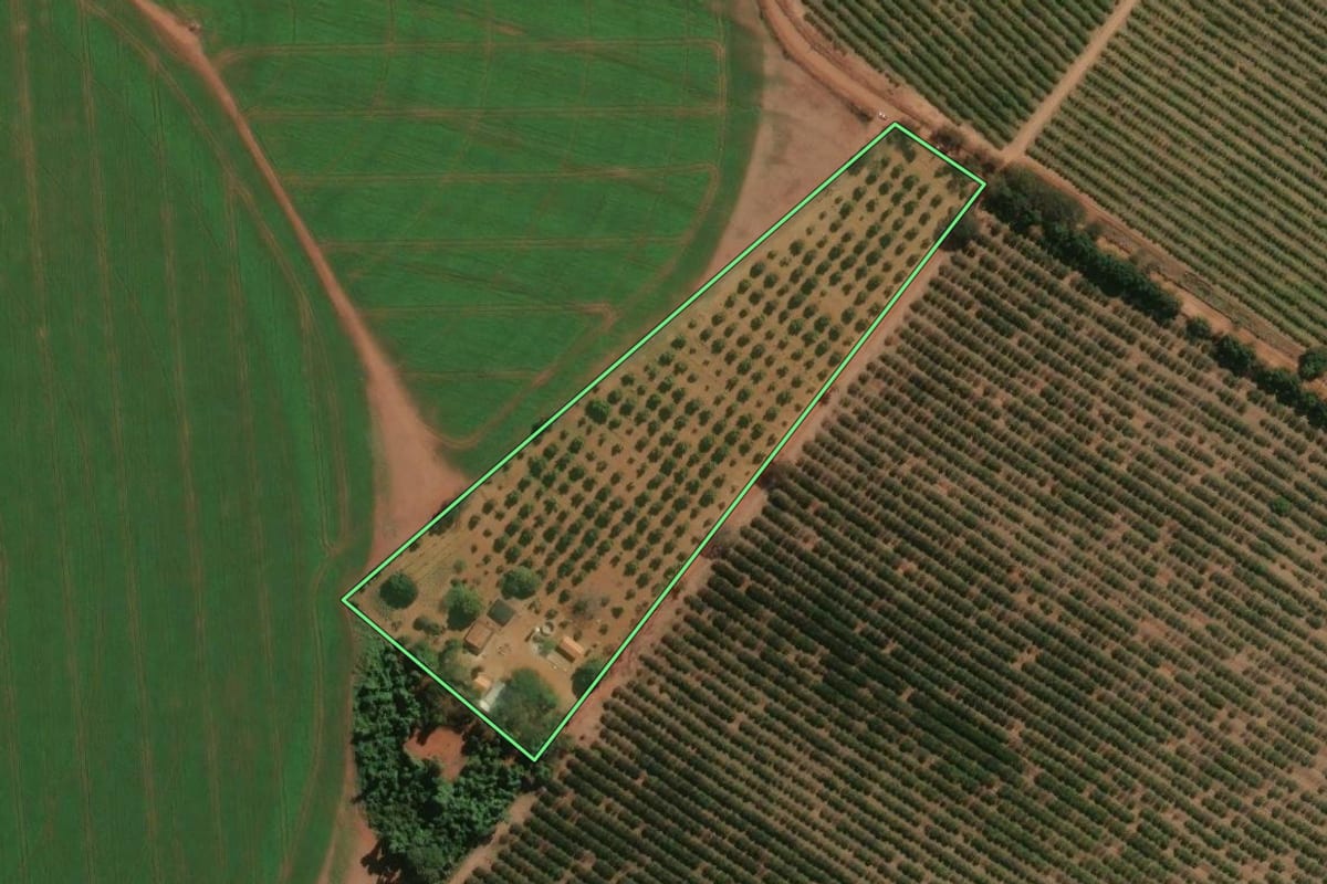 Imagem de satélite do imóvel rural em Aguaí (SP), com o contorno declarado no CAR desenhado por cima.