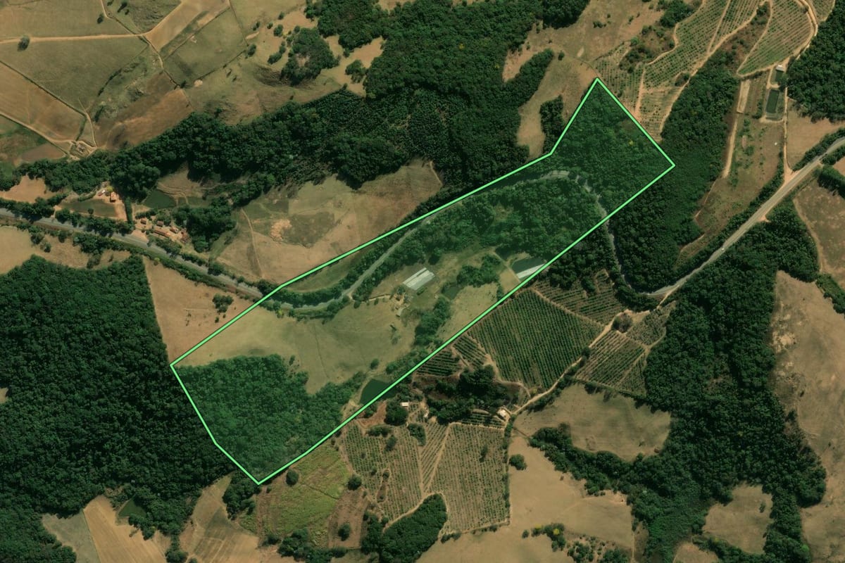 Imagem de satélite do imóvel rural em Águas da Prata (SP), com o contorno declarado no CAR desenhado por cima.