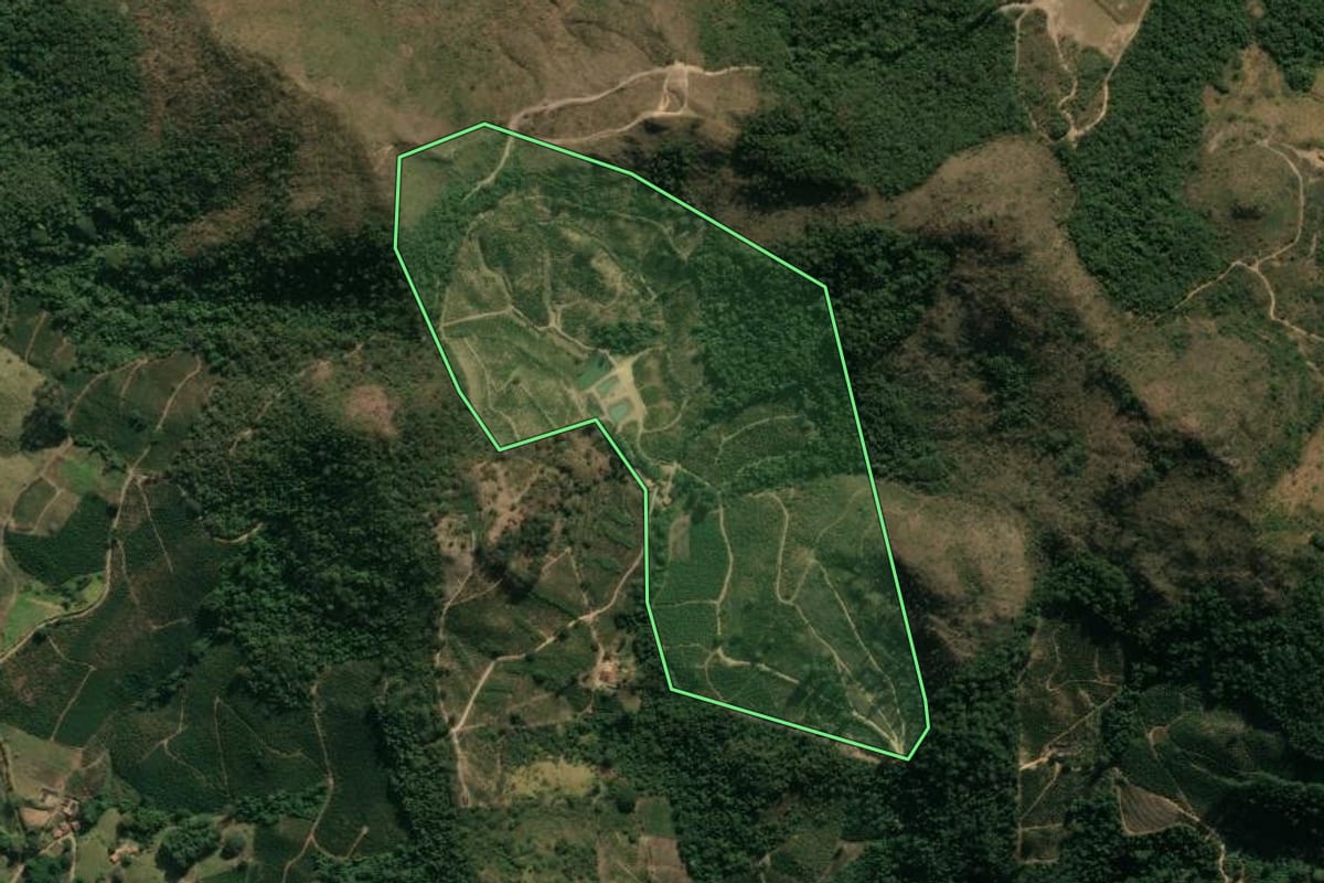 Imagem de satélite do imóvel rural em Águas da Prata (SP), com o contorno declarado no CAR desenhado por cima.