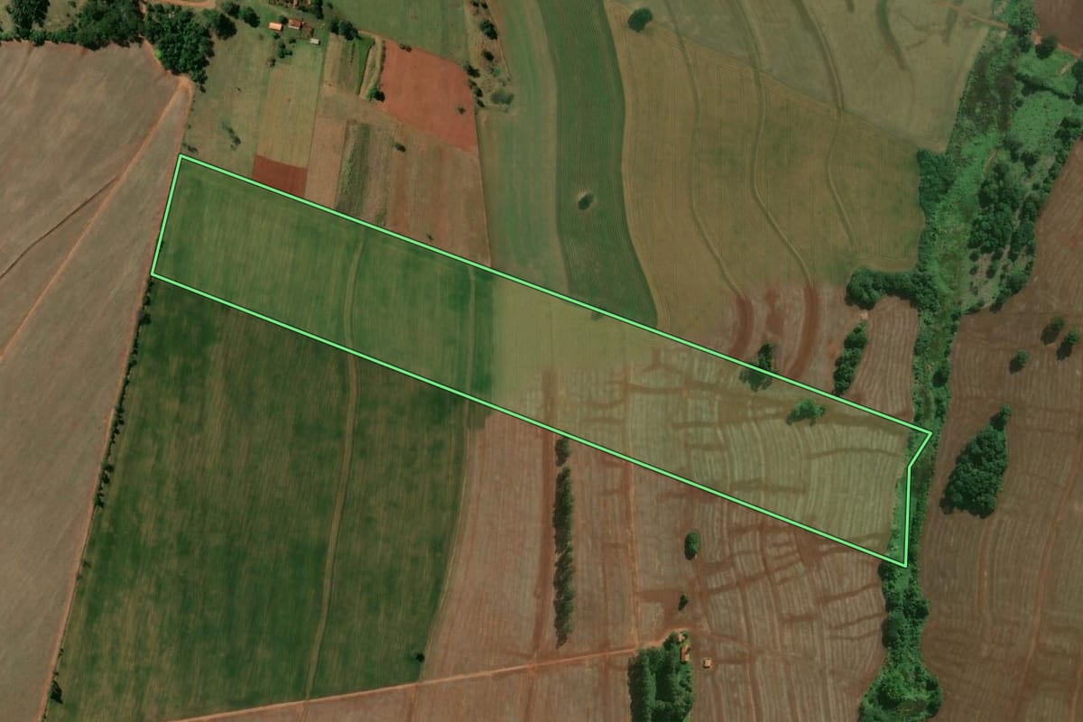 Imagem de satélite do imóvel rural em Águas de Santa Bárbara (SP), com o contorno declarado no CAR desenhado por cima.