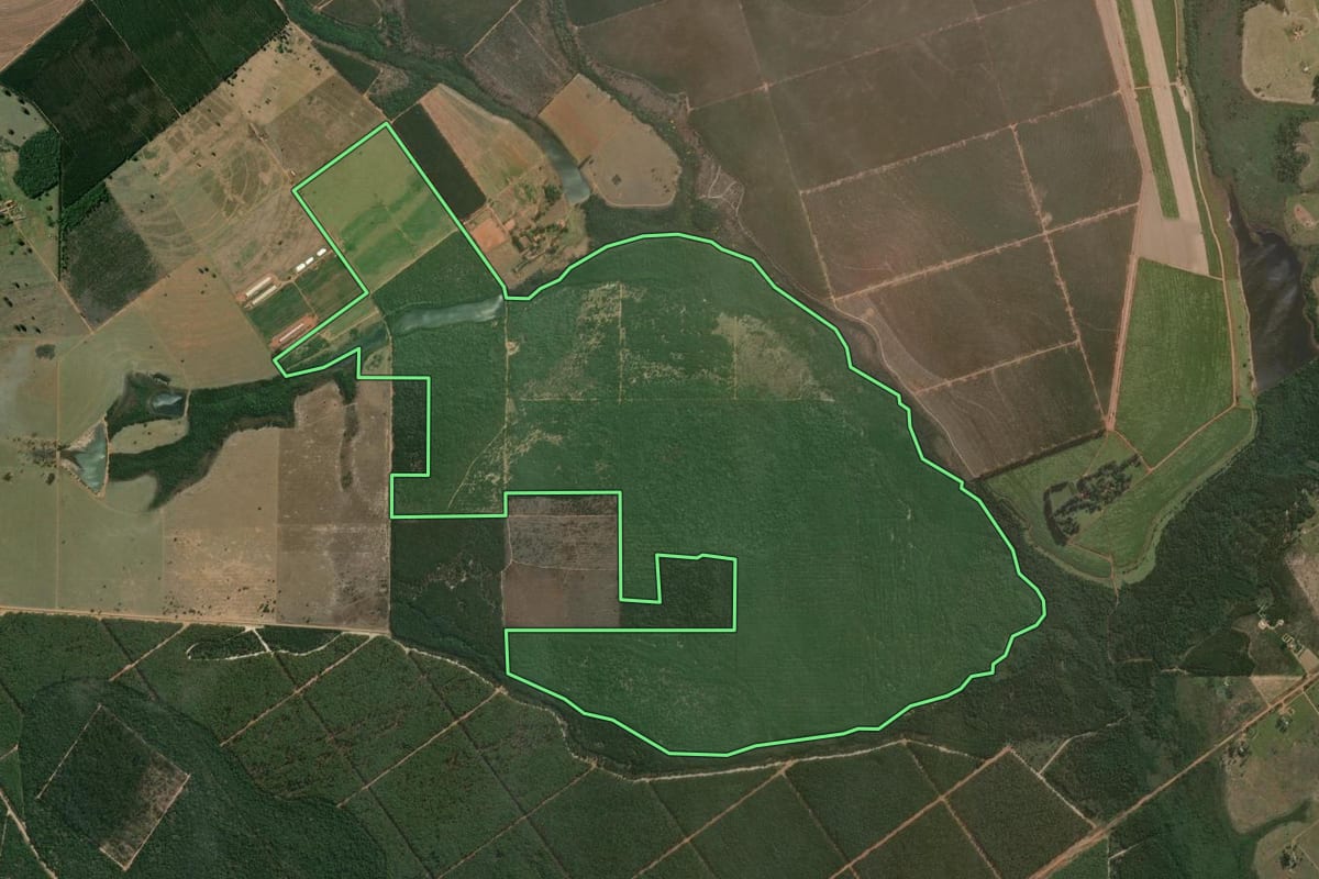 Imagem de satélite do imóvel rural em Águas de Santa Bárbara (SP), com o contorno declarado no CAR desenhado por cima.