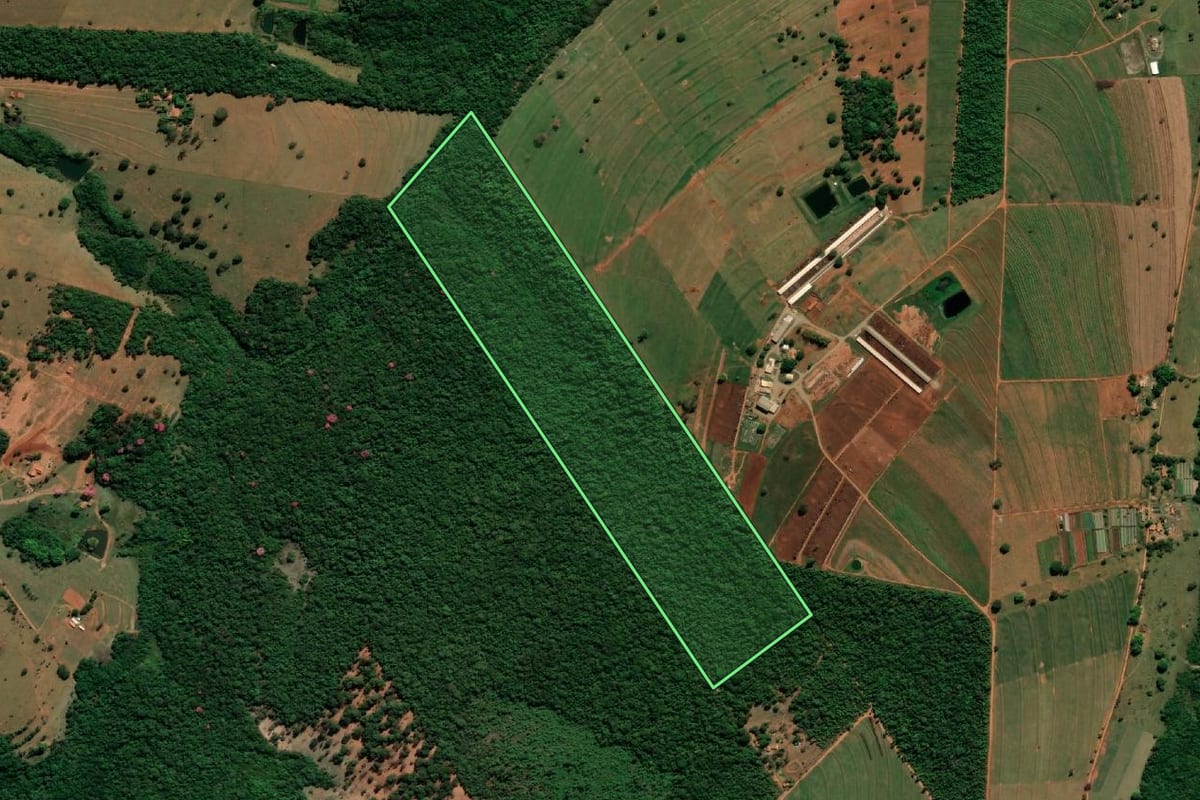 Imagem de satélite do imóvel rural em Agudos (SP), com o contorno declarado no CAR desenhado por cima.