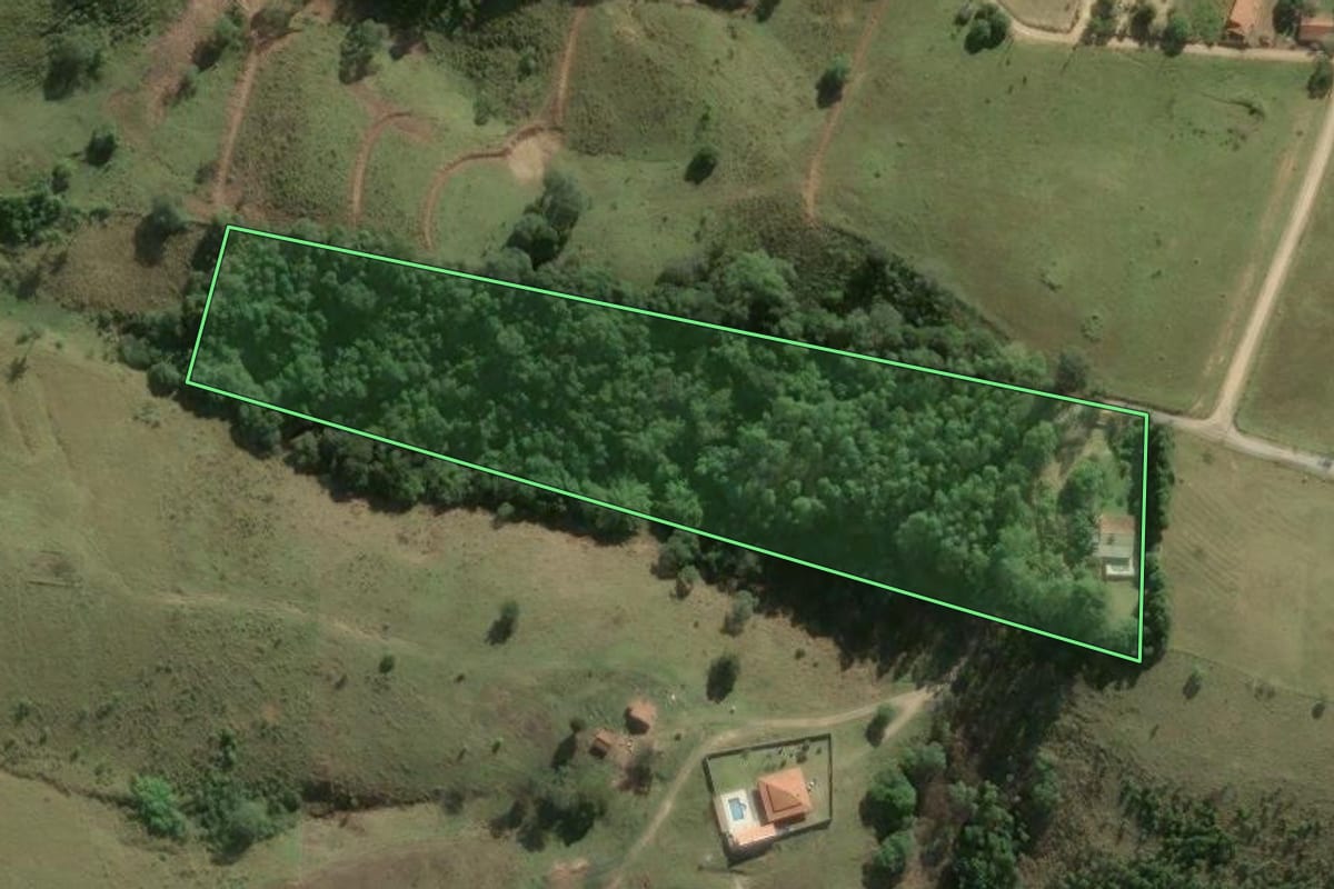 Imagem de satélite do imóvel rural em Alambari (SP), com o contorno declarado no CAR desenhado por cima.