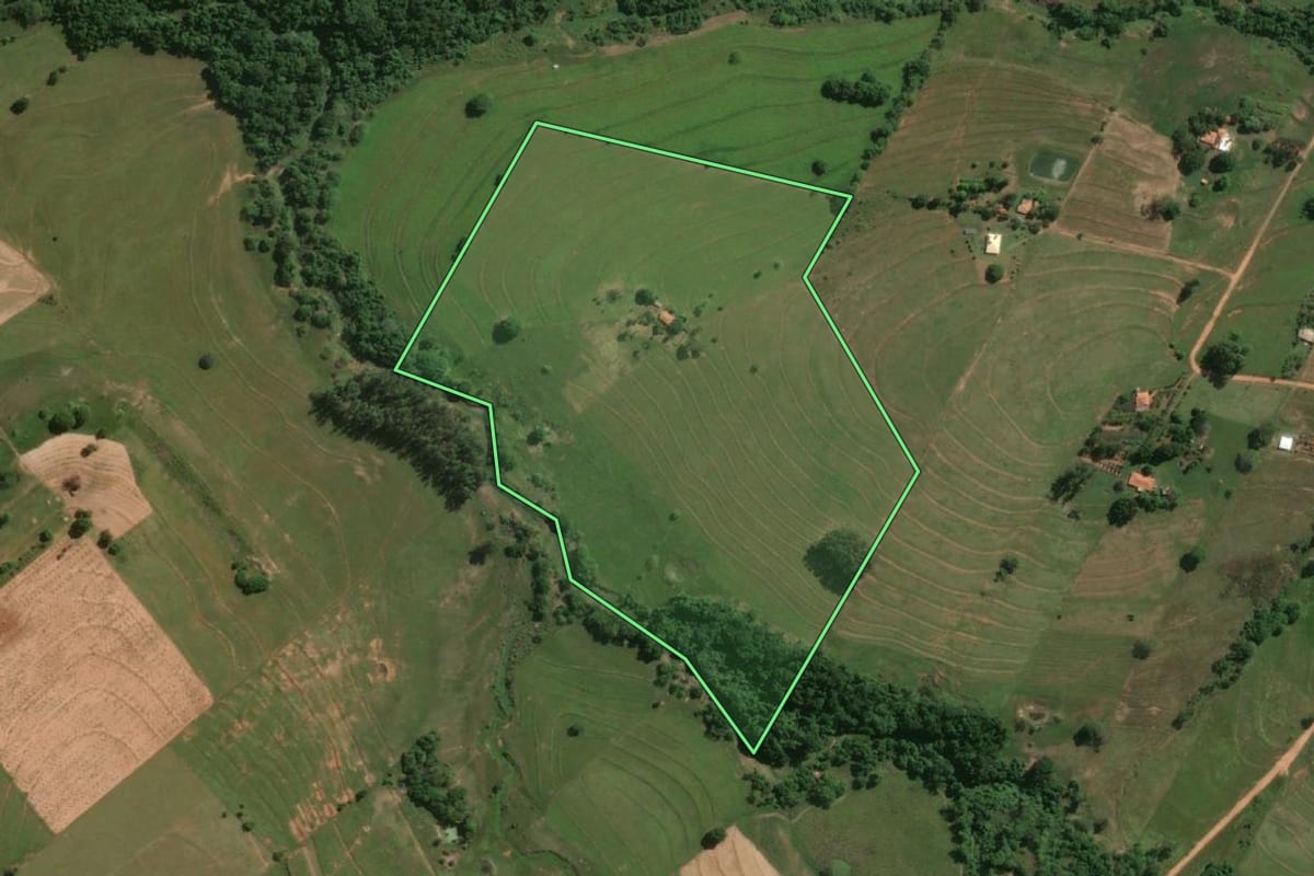 Imagem de satélite do imóvel rural em Alfredo Marcondes (SP), com o contorno declarado no CAR desenhado por cima.