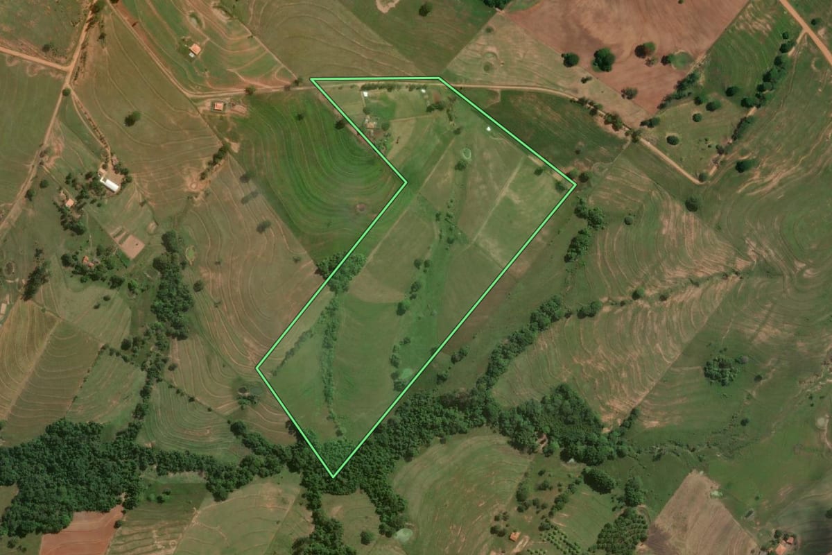 Imagem de satélite do imóvel rural em Alfredo Marcondes (SP), com o contorno declarado no CAR desenhado por cima.