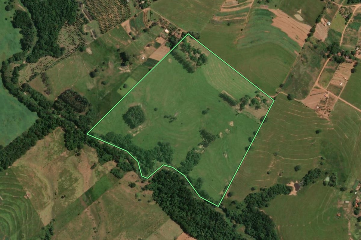 Imagem de satélite do imóvel rural em Alfredo Marcondes (SP), com o contorno declarado no CAR desenhado por cima.