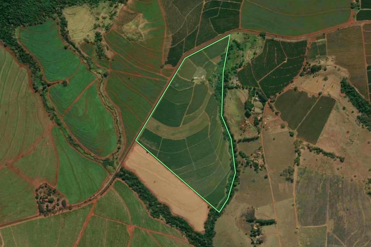 Imagem de satélite do imóvel rural em Altinópolis (SP), com o contorno declarado no CAR desenhado por cima.