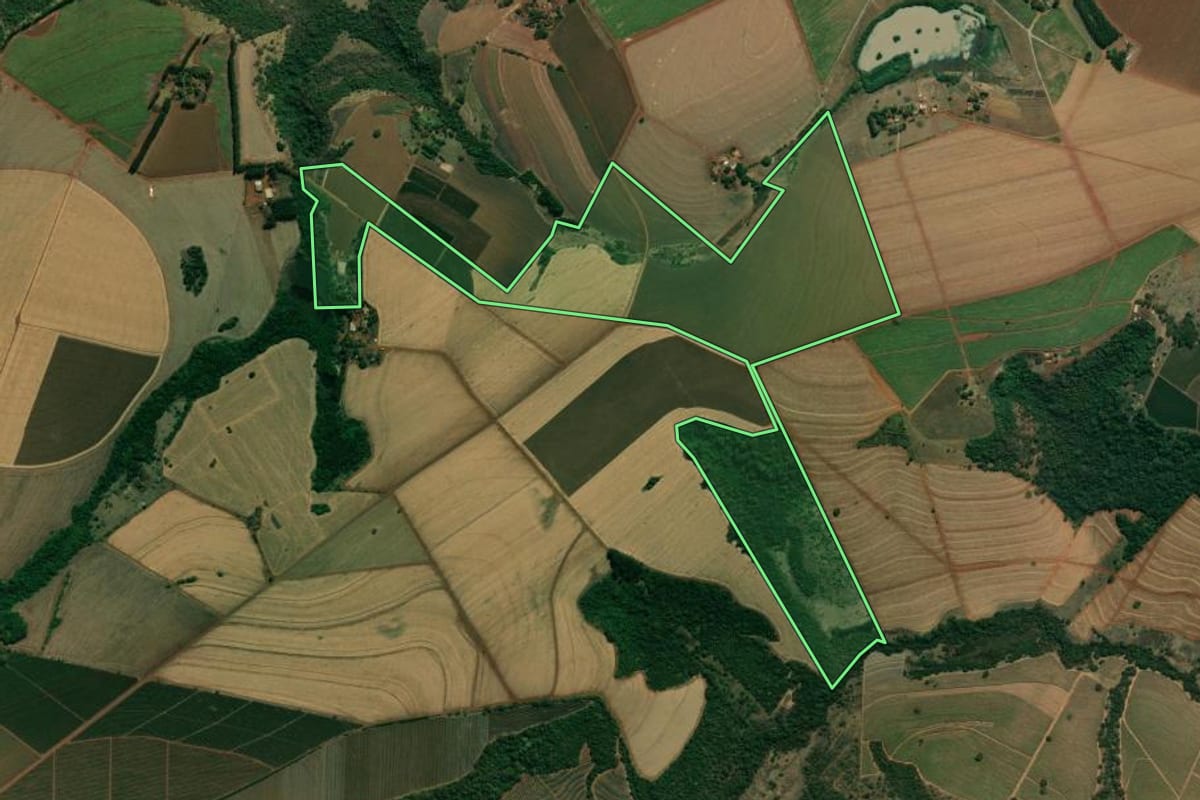 Imagem de satélite do imóvel rural em Altinópolis (SP), com o contorno declarado no CAR desenhado por cima.