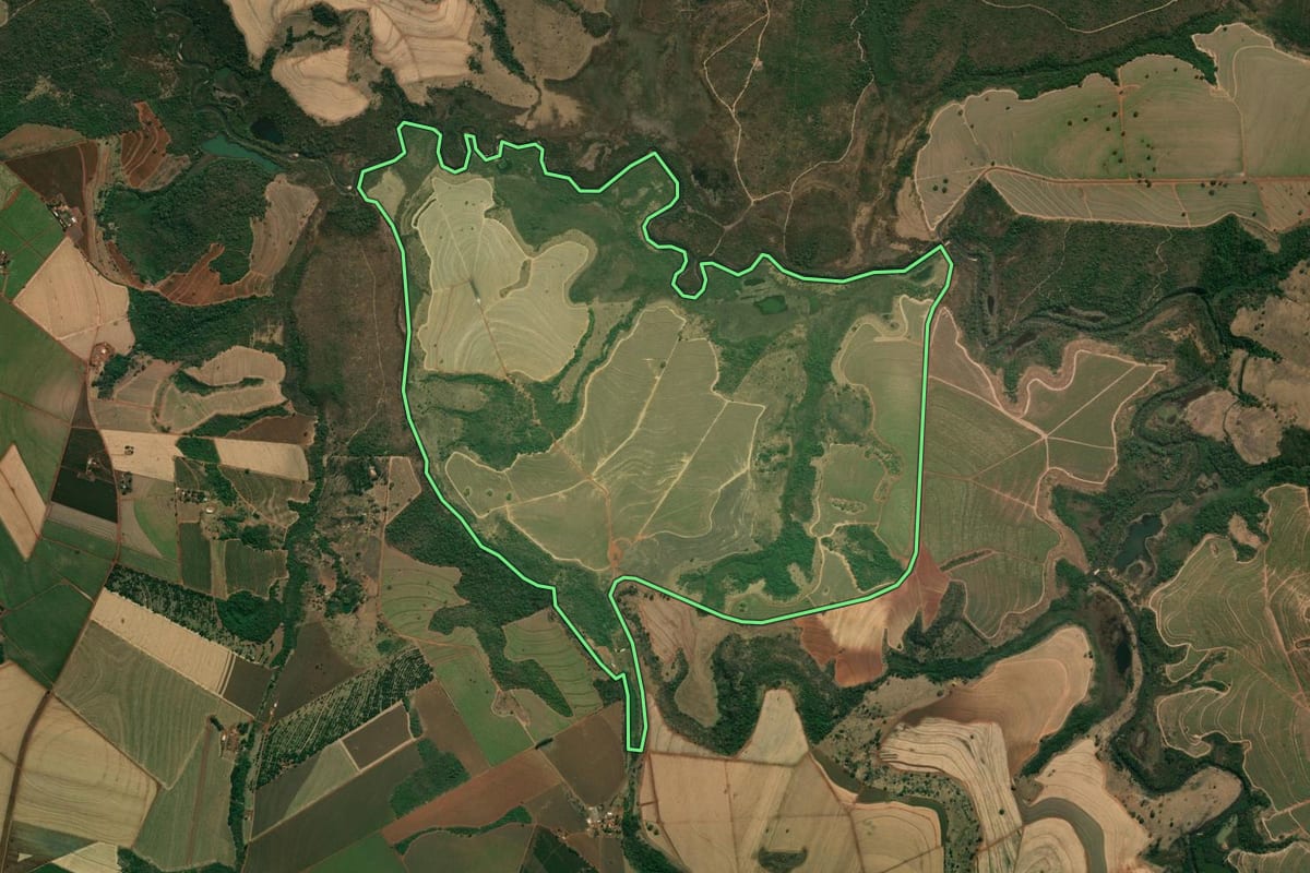 Imagem de satélite do imóvel rural em Altinópolis (SP), com o contorno declarado no CAR desenhado por cima.