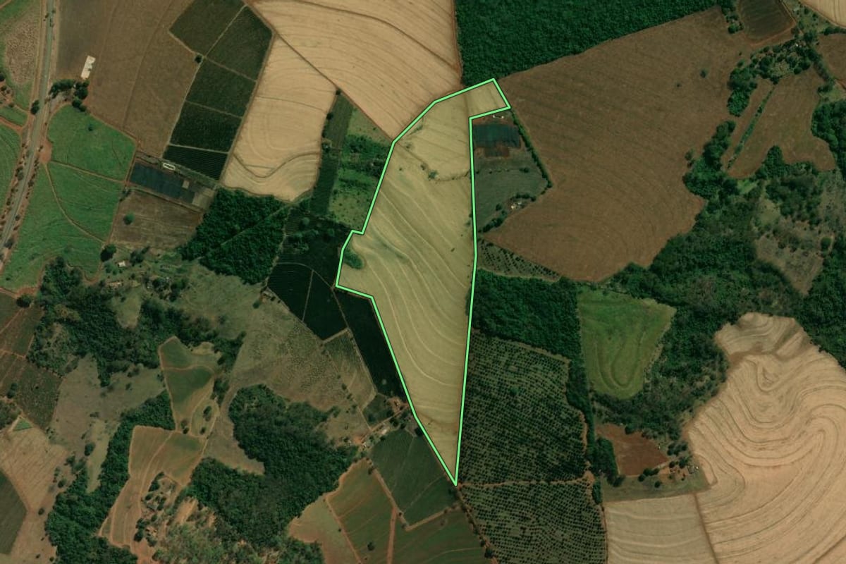 Imagem de satélite do imóvel rural em Altinópolis (SP), com o contorno declarado no CAR desenhado por cima.